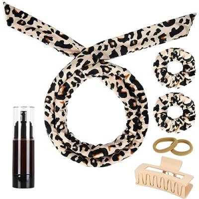Image of Heatless Curlers Headband, Soft Velour Curls, Overnight Hair Curling Set, No Heat for Short &amp; Long (Leopard, 7Pcs)