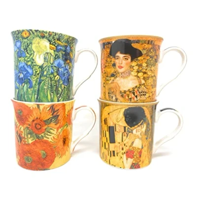 Image of The Leonardo Collection Set of Four Mixed Masters Classic Van Gogh and Klimt Mugs Fine China Coffee Tea Cups