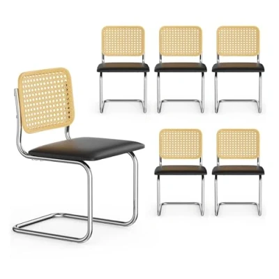 Image of VonHaus Dining Chairs Set of 6 Rattan Cantilever For Room Mid Century Style Black &amp; Kitchen Chair Table with Chrome Frame Furniture