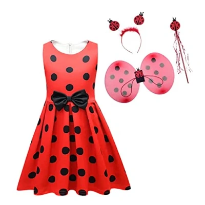 Image of Lito Angels Ladybug Red and Black Polka Dot Fancy Dress Up Costume with Wings Accessories for Kids Girls Age 4 5 Years 289