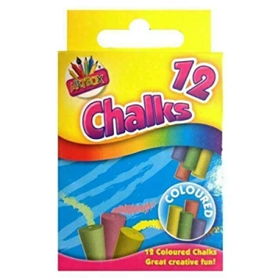 Image of Pack of 12 Chalk Assorted Colours Hanging Box Blackboard Chalks Colourful School Summer Kids Drawing Colouring Garden Outdoor Indoor Home Board Washable Artbox Children Writing Alphabet (Coloured)