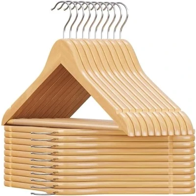 Image of SHOPNIX Pack of 20 Space Saver Premium Quality Wooden Coat Hangers Made with Natural Wood and Non Slip Trouser Jacket Pants Bar Strong Shoulder Notches Extra Smooth Finish