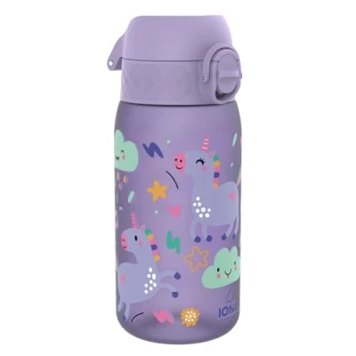 Image of Ion8 Kids Water Bottles, BPA Free, Leakproof, Dishwasher Safe, Easy Open, Secure Lock, Small Boys &amp; Girls Bottle,Kids Drinks Bottle for Spill free Drinking, Purple, Unicorns, 350ml/12oz