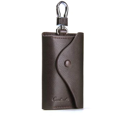 Image of Contacts Mens Leather Key Case,Mens Cowhide Chain Bag,Key Bag with 6 Keyrings, Card ID Holder Wallet Purse Brown