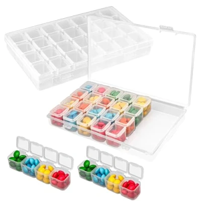 Image of BELLE VOUS 2 Pack of Diamond Dot Painting Storage Boxes with 28 Grids &amp; Stickers Plastic Transparent Organiser Cases Container Set for Craft, Embroidery, DIY Nail Art, Jewellery, Beads Diamonds