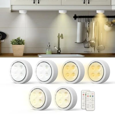 Image of 6 Pack Under Cabinet Lights, Moman 3 Color Temperature LED Puck Lights with Remote Control, Dimmable Battery Operated Timer Stick on Light for Cupboard, Wardrobe, Stairs, Kitchen (T048 White)