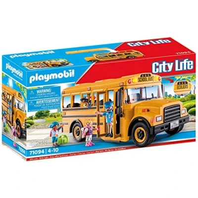 Image of Playmobil 71094 City Life School Bus, yellow US toy bus , educational toy, fun imaginative role play, playset suitable for children ages 4+