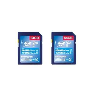 Image of Integral 64GB 2 Pack UHS II SD Card V60 Up to 280MBs Read and 100MBs Write Speed 1733X SDXC Professional High Memory