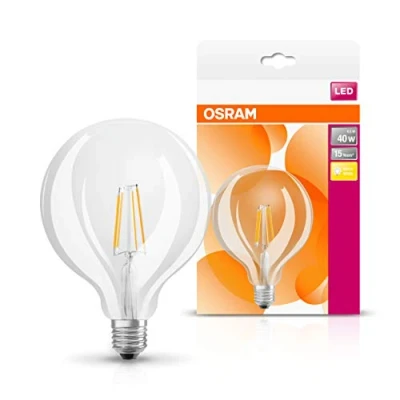 Image of OSRAM LED Retrofit classic GLOBE / lamp, ball shape, retro design, in filament style, with screw base: E27, 4 W, 220…240 V, 40 W replacement, clear, Warm White, 2700 K, 4x1pack