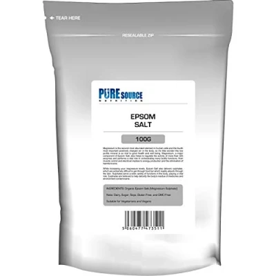 Image of Pure Source Nutrition Epsom Salt Salts 100g for Bath Bathing Bombs 100% RAW Natural FCC Food Grade Magnesium Sulphate