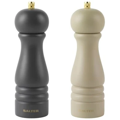 Image of Salter COMBO 8676 Pepper Grinder Mills Set of 2, Adjustable Grinding Fine to Coarse, Ceramic Mechanism, Suitable for Rock Salt/Peppercorns, Seasoning, Extra Cap Included, Beige/Charcoal, Wood