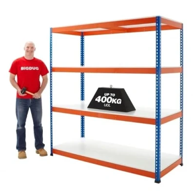 Image of BiGDUG 198cm 4 Tier Steel Racking With Melamine Shelves 198h x 213.5w 76d cm 400kg Load Capacity Per Shelf FEM Standards Certified Powder Coated Shelving Blue &amp; Orange