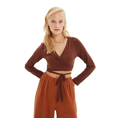Image of Trendyol Women Loungewear Slim fit Basic V Neck Knitted Blouse Brown