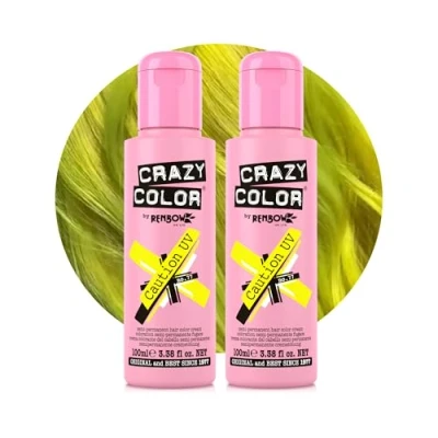 Image of Crazy Color Caution UV Semi Permanent Duo Hair Dye. Highly Pigmented Neon Yellow Conditioning &amp; Oil Nourishing Vegan Formula No Bleach or Ammonia 200ml