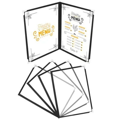 Image of Belle Vous Double Fold A4 Menu Covers (5 Pack) 2 View American Style Holders Black Foldable Clear with Corner Protectors For Restaurants, Bars, Cafes, Food &amp; Drink