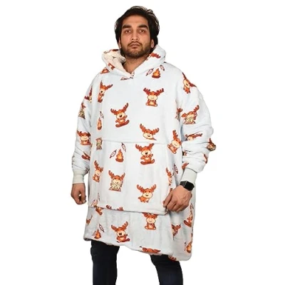 Image of True Face Blanket Hoodie Unisex Oversized Ladies Sherpa Fleece Ultra Plush Hooded Sweatshirt Sky Reindeer One Size