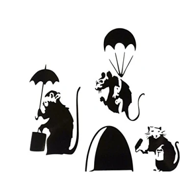 Image of Mouse Hole BANKSY Set of Three &quot; SMALL RAT WITH PAINT TIN AND ROLLER / PARATROOPER UMBRELLA Skirting Board Wall Stickers Vinyl Decal 3 x 11cm 5cm UKSELLINGSUPPLIERS®