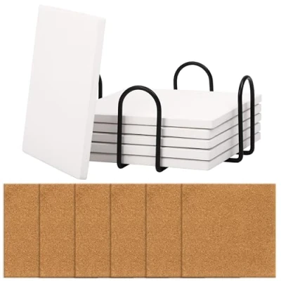 Image of Belle Vous 6 Pack of White Square Ceramic Coasters with Cork Backing Pads &amp; Holder 10 x 10cm/4 4 Inches Unglazed Blank Coaster Tiles for DIY Crafts, Painting, Acrylic Pouring Alcohol Ink