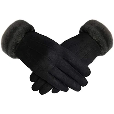 Image of TOSKATOK Ladies Womens Stylish Faux Suede Soft Warm Cosy Winter Gloves with Liner and Fur Cuff BLACK