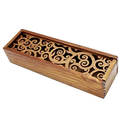 Image of Abcsea 1 Piece Retro Elegant Pen Case, Hollow Holder, Rectangle Moderate Capacity Pure Wooden Pencil Case Box, Desk Organizer Roll Grass
