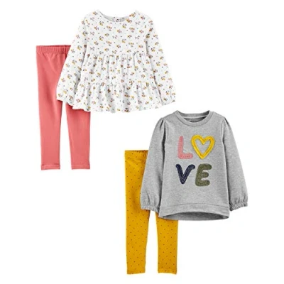 Image of Simple Joys by Carter&#039;s Baby Girls&#039; 4 Piece Long Sleeve Shirts and Pants Playwear Set, Grey Love/Pink/White Floral/Yellow Dots, 12 Months