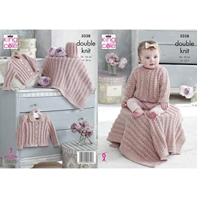 Image of King Cole 5238 Knitting Pattern. Cardigans, Blanket &amp; Hat in Baby Glitz DK for Baby,Multicolor,14&quot; 22&quot; chest