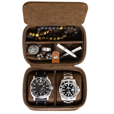 Image of ROTHWELL 2 Watch Travel Case Storage Organizer for Watches Tough Portable Protection w/Zipper Fits All Wristwatches &amp; Smart Up to 50mm