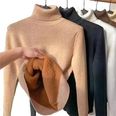 Image of JOCCOS Winter Fleece Thick Knitted Bottoming Shirt, Women Casual Turtleneck Sweater Soft Thermal Slim (Khaki,M(48 53kg))