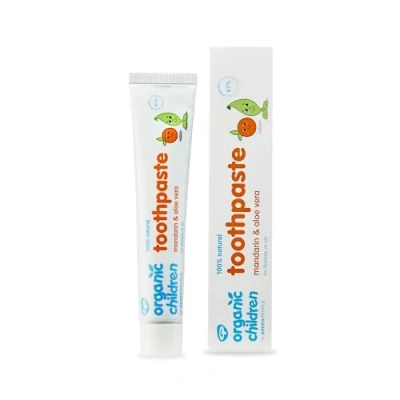 Image of Green People Organic Children Mandarin &amp; Aloe Vera Toothpaste 100% Natural for Babies Kids Safe if Swallowed Fluoride free SLS Non Mint Kids, Mandarin, 50 ml
