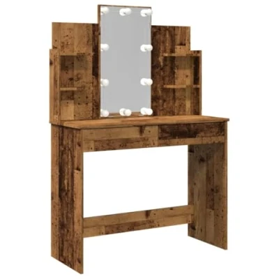 Image of vidaXL Dressing Table with Mirror &amp; LED Lights Wooden Vanity Makeup Desk w/Drawers Shelves for Bedroom