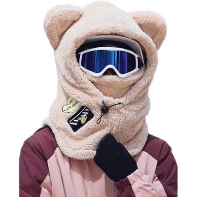 Image of ThiCc Women Sherpa Hood Cute Bear Rabbit Cat Ears Hat Plush Ear Warmer Winter Riding Ski Helmet Cap Fleece Windproof Balaclava for Cold Weather Adjustable Warm (Cat Beige)