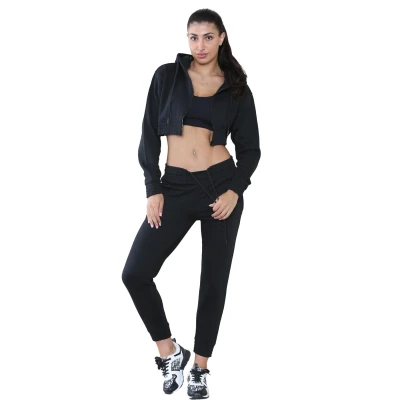 Image of BRAND KRUZE Womens Tracksuit Set Long Sleeve Crop Zip Up Hoodie and Casual Joggers Loungewear KZLT142 CROP_SUIT BLACK XL