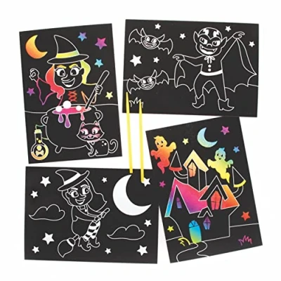 Image of Baker Ross FE766 Halloween Scratch Art Pictures Pack of 8, Arts and Crafts for Kids, Engraving Children, Kids Activities