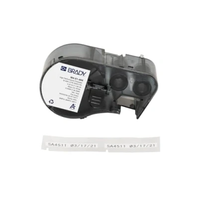 Image of Brady Polyester Pre Sized Labels for Label Printer BMP41/BMP51/BMP53/M511 160 Self Adhesive Black on White (48,26 mm (W) x 6,35 (H)) M4 81 488