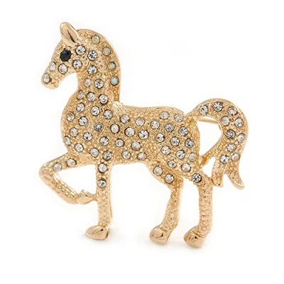 Image of Avalaya Small Clear Crystal Horse Brooch in Gold Tone Metal 38mm