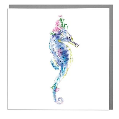 Image of Lola Design Wildlife Botanical Greeting Cards, Seahorse Suitable for Birthdays, Congratulations or Any Special Occasions Blank Inside with Grey Envelope 150mm x