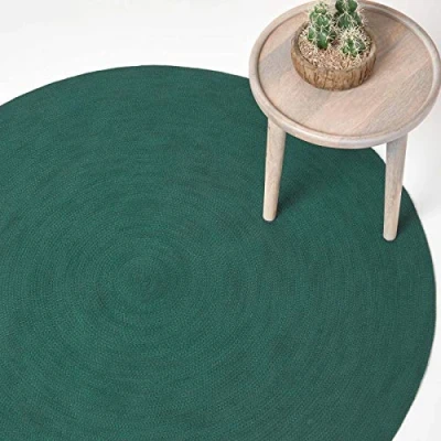 Image of HOMESCAPES Dark Green Handmade Braided Round Rug For Bedroom &amp; Living Room Reversible Woven Cotton Circular Rug, 150 cm