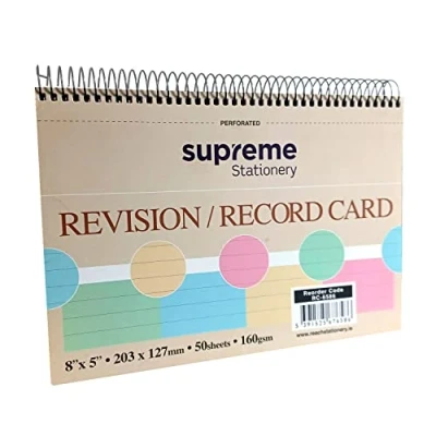 Image of Record Ruled Card Perforated 160gsm 50 Colour Sheets 8&quot; x 5&quot; Spiral Revision Cards Pack of 3