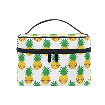 Image of Makeup Bag, Cute Pineapple Print Cosmetic Toiletry Storage Organiser Case Large Travel Handle Personalised Pouch with Compartments for Teenage Girl Women Lady