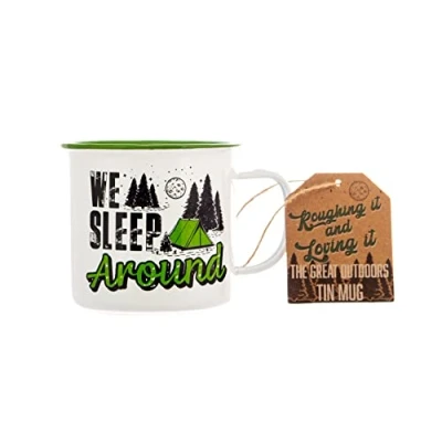 Image of Boxer Gifts &#039;We Sleep Around&#039; Enamel Tin Camping Mug Fun Portable Shatterproof Travel Mugs for Campervan Motorhome Caravan Novelty Outdoor Camper Gift Men &amp; Women