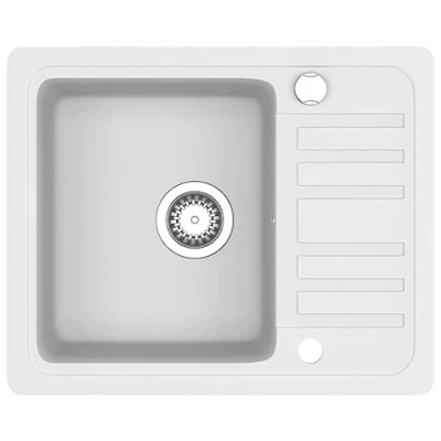 Image of vidaXL Granite Kitchen Sink Single Basin White, Overmount Design, Scratch &amp; Impact Resistant, with Basket Strainer, 565x510x306mm
