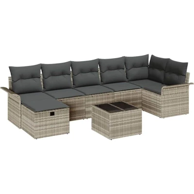 Image of vidaXL 8 Piece Garden Sofa Set with Cushions Light Grey Poly Rattan