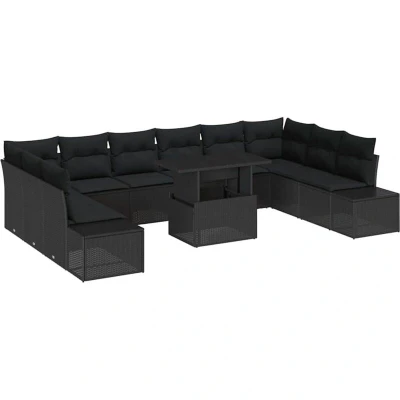Image of vidaXL 11 Piece Garden Sofa Set with Cushions Black Poly Rattan