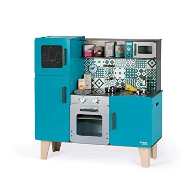 Image of Janod Wooden Play Kitchen Lagoon Maxi with Fridge and Microwave Oven Pretend Toy 15 Accessories Included From 3 Years Old, J06555