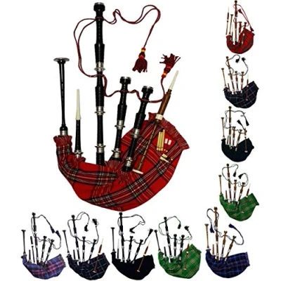 Image of AAR Scottish Bagpipe Rosewood Royal Stewart Tartan Black Finish with Silver Plain Mounts Free Tutor Book, Carrying Bag, Drone, Reeds
