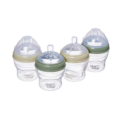 Image of Vital Baby Nurture Breast Like 0m+ Feeding Bottles, 150ml 4pk, Self Sterilising in 3 Mins, Triple Anti Colic Valves, Slow Flow Teats, EarthSmart Biodegradable, BPA Free