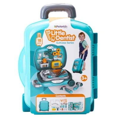 Image of PETERKIN Little dentist wheelie case Toy 18 piece, brightly coloured, surgery kit in a 34 cm with retractable handle Roleplay Toys Ages 3+