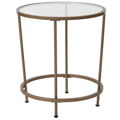Image of Flash Furniture Astoria Collection Round End, Modern Glass Accent Table with Metal Frame, Clear/Brushed Gold, Set of 1