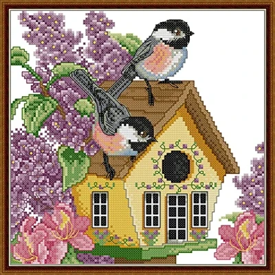 Image of OWN4B Cross Stitch Kits Pre Printed, Little Bird House Stamped Pattern 11CT 13.8x13.8 inch DIY Embroidery Kit (Bird)