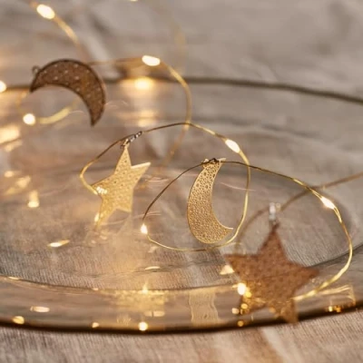 Image of Lights4fun Filigree Gold Moon and Star Micro Warm White LED Battery Operated Ramadan String Light Garland 1.9m Indoor Use